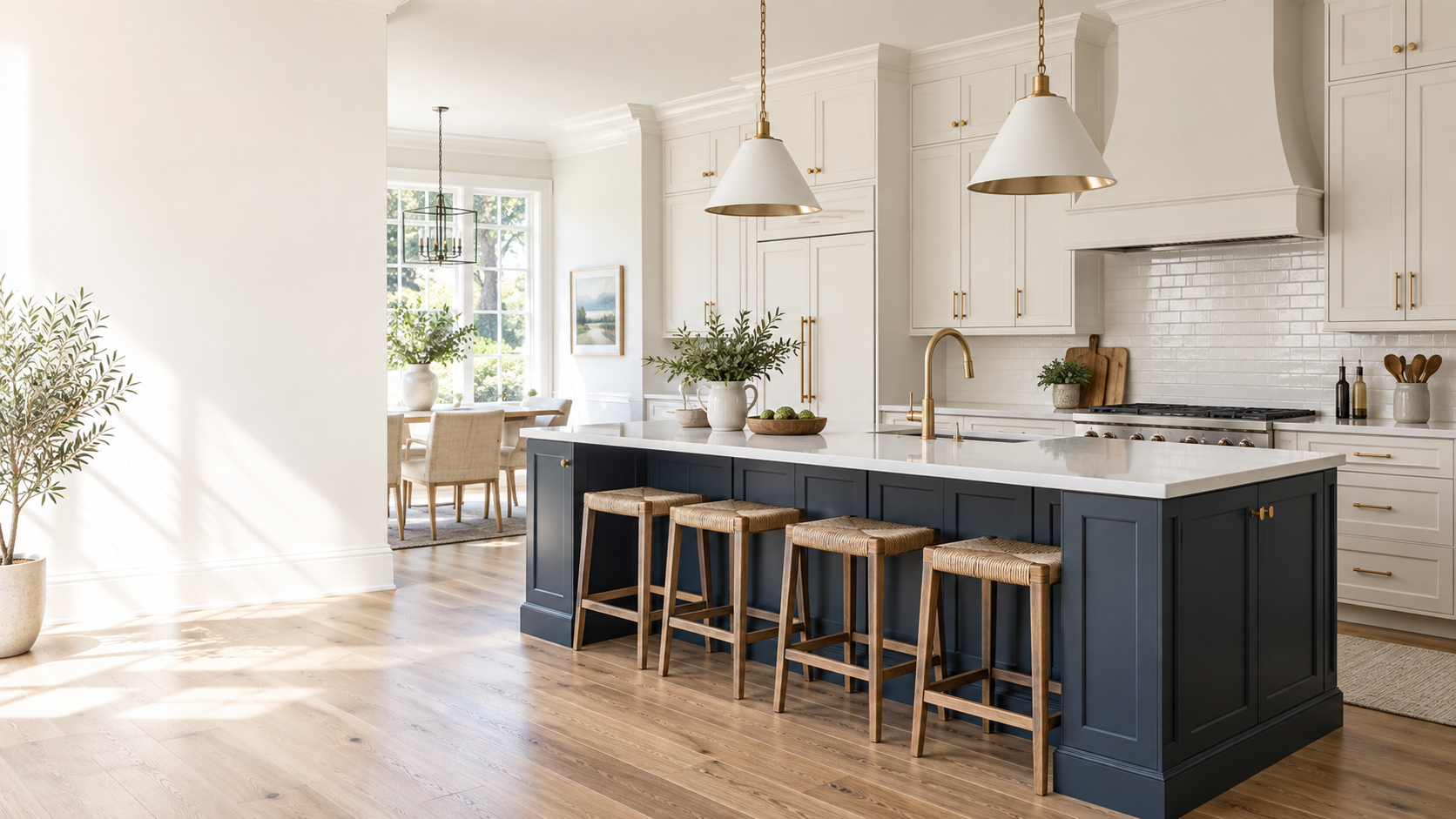 Ivory kitchen cabinets with a navy island and brass hardware
