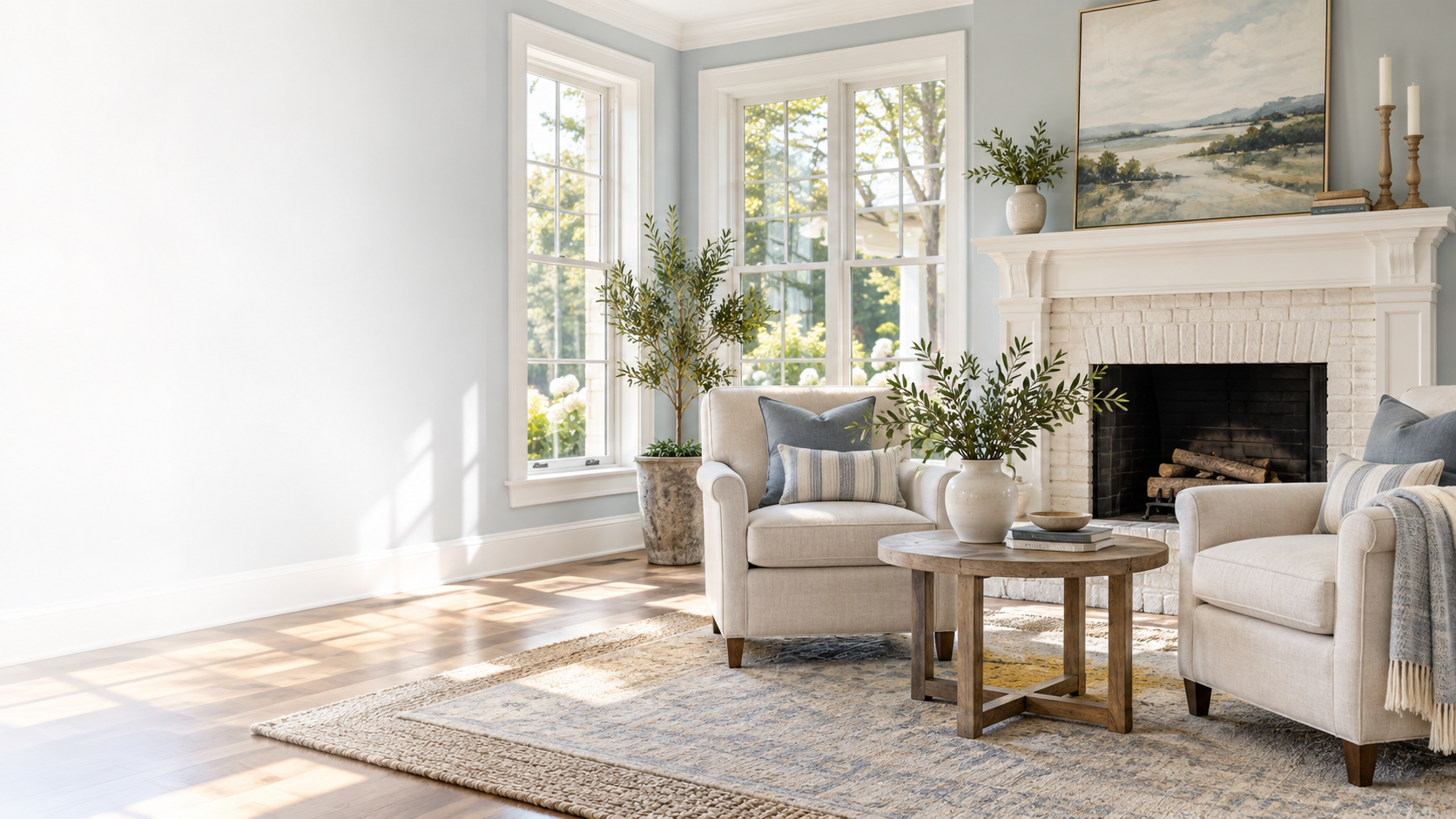 Welcoming sitting room with linen chairs and an ivory brick fireplace